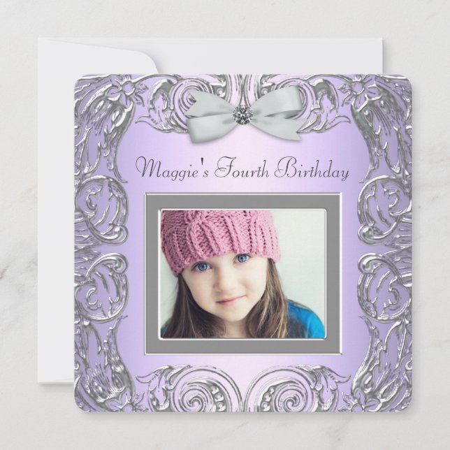 Lavender Purple Photo Girls Fourth Birthday Party Invitation (Front)