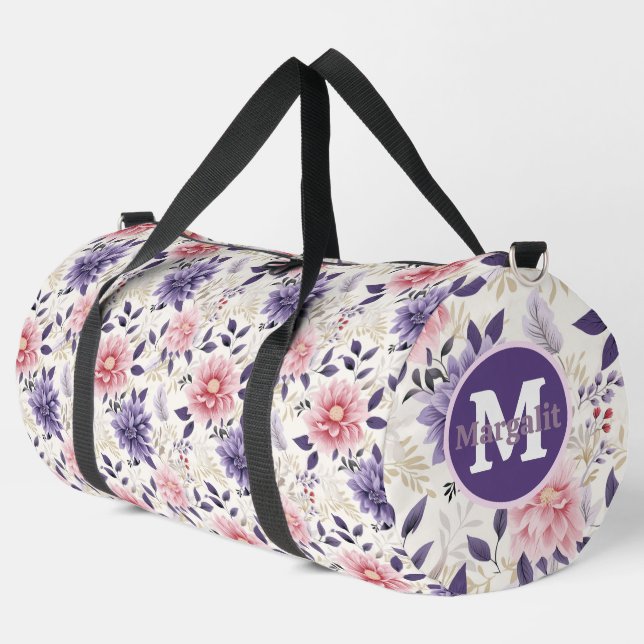 Lavender Purple Pink Floral Large Duffle Bag (Left Corner)
