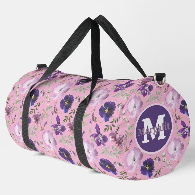 Lavender Purple Pink Floral Orchids Large Duffle Bag (Left Corner)