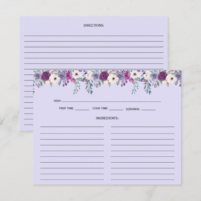 Lavender Purple Pink Floral Recipe Cards (Front/Back)