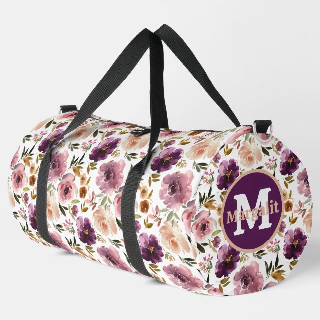 Lavender Purple Pink Floral Roses Large Duffle Bag (Left Corner)