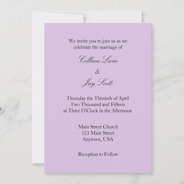 Lavender Purple Plain Simple Wedding Invitation (Front)