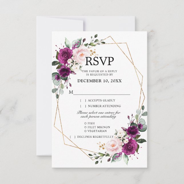 Lavender Purple Plum Blush Pink Floral Geometric RSVP Card (Front)