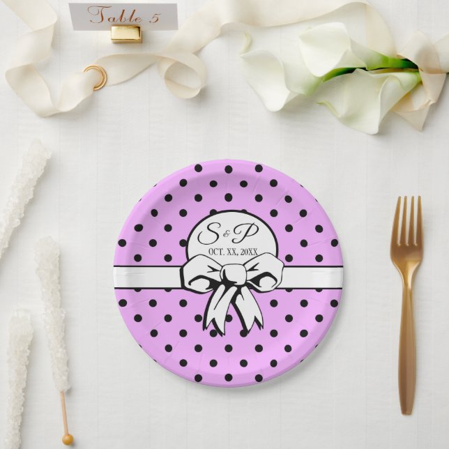 Lavender Purple Polka Dots and Bows Personalised Paper Plate (Wedding)