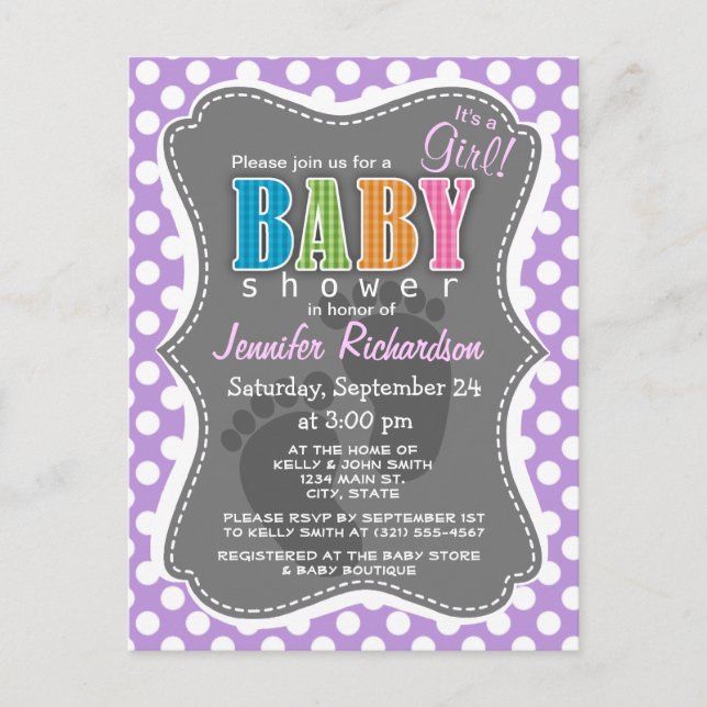 Lavender Purple Polka Dots Invitation Postcard (Front)
