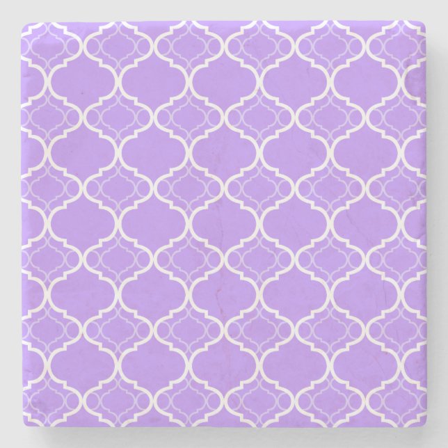 Lavender Purple Quatrefoil Geometric Pattern Stone Coaster (Front)