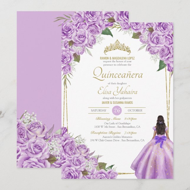 Lavender Purple Quinceanera Elegant Rose Floral  Invitation (Front/Back)