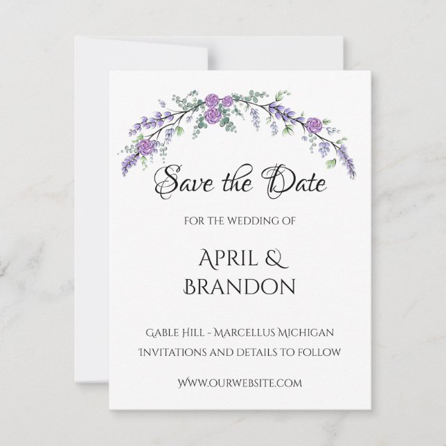 Lavender Purple Rose and Eucalyptus Save The Date (Front)