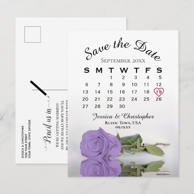 Lavender Purple Rose Calendar Save the Date Announcement Postcard (Front/Back)