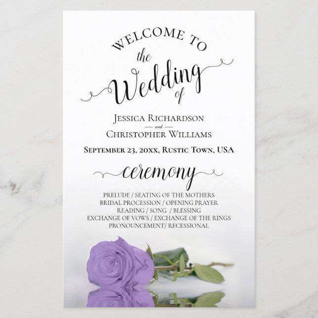 Lavender Purple Rose Chic Budget Wedding Program (Front)