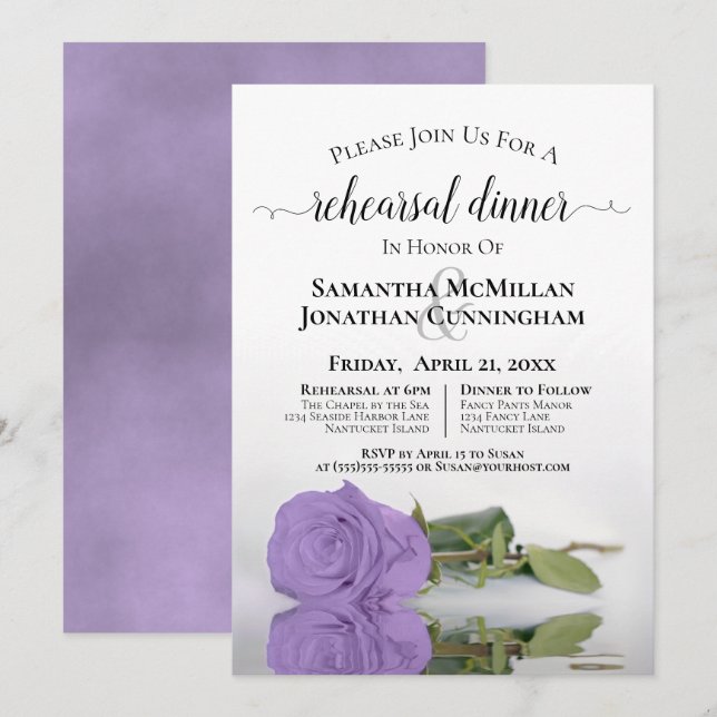 Lavender Purple Rose Chic Wedding Rehearsal Dinner Invitation (Front/Back)