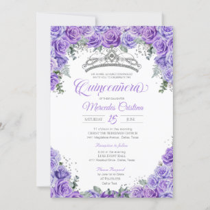 Lavender Purple Rose & Silver Tiara Quinceanera Invitation