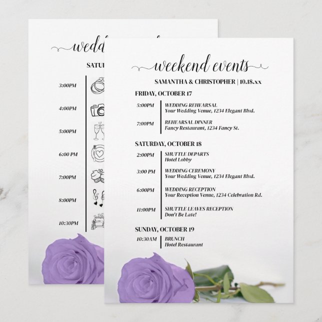 Lavender Purple Rose Wedding Events & Timeline Programme (Front/Back)