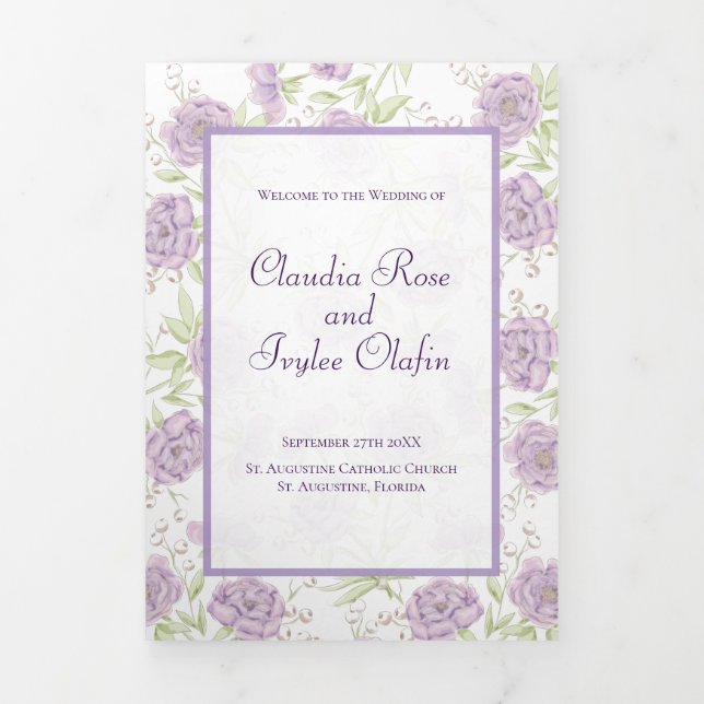 Lavender Purple Rose Wedding Programs Tri-Fold Programme (Cover)