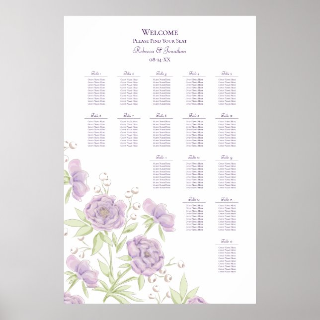 Lavender Purple Rose Wedding Seating Chart (Front)