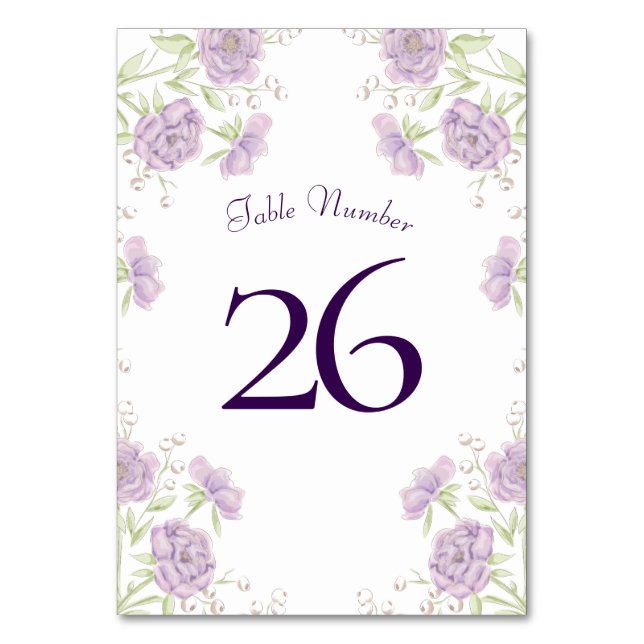 Lavender Purple Rose Wedding Table Number (Back)