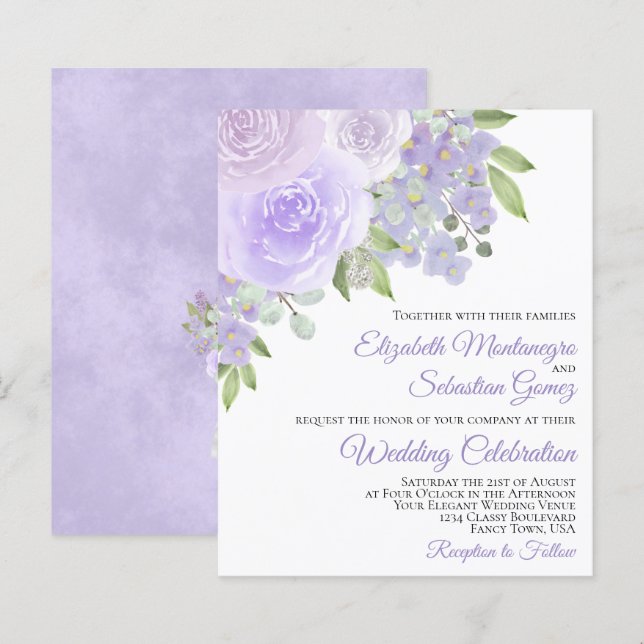 Lavender Purple Roses BUDGET Wedding Invitation (Front/Back)