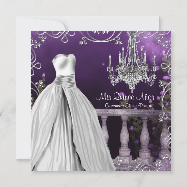 Lavender Purple Roses Chandelier Quinceanera Invitation (Front)