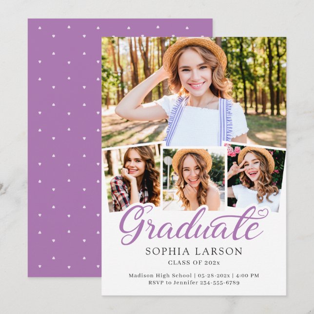 Lavender Purple Script 4 Photo Collage Graduation Announcement (Front/Back)