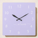 Lavender Purple Script Monogram Girly Name  Square Wall Clock<br><div class="desc">Lavender Purple Script Monogram Name Clock. This makes the perfect sweet 16 birthday,  wedding,  bridal shower,  anniversary,  baby shower or bachelorette party gift for someone that loves glam luxury and chic styles.</div>