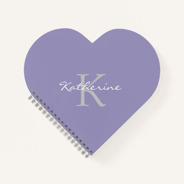Lavender Purple Script Monogram Name Heart Shape Notebook (Front)
