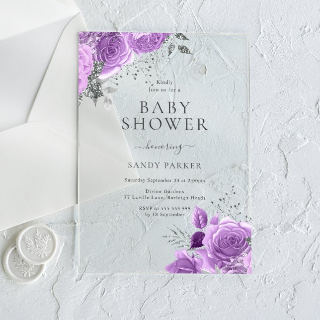 Lavender Purple & Silver Baby Shower Acrylic Invitations (Creator Uploaded)