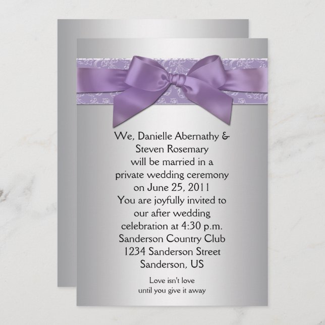 Lavender Purple Silver Brocade Ribbon Post Wedding Invitation (Front/Back)