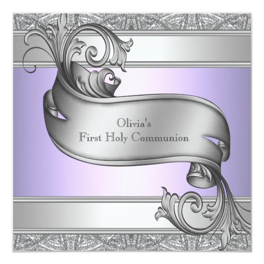 Lavender Purple Silver Cross Girls First Communion Card