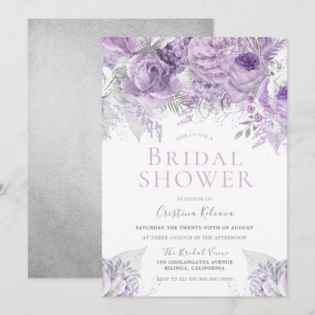 Lavender Purple Silver floral Bridal Shower Invitation (Front/Back)