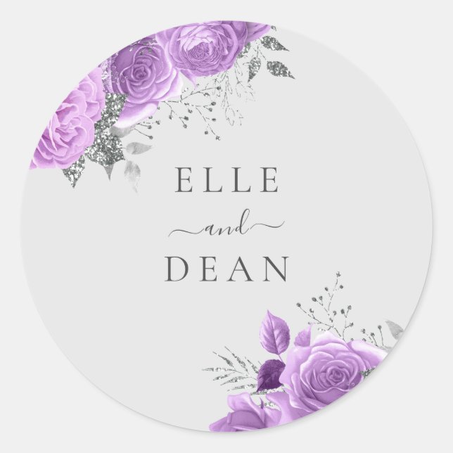 Lavender Purple & Silver Floral Elegant Wedding Classic Round Sticker (Front)