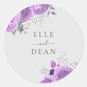 Lavender Purple & Silver Floral Elegant Wedding Classic Round Sticker