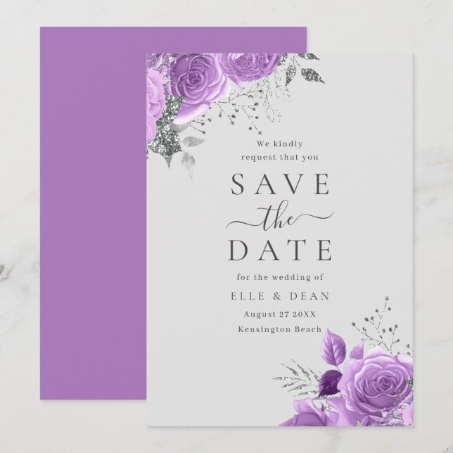 Lavender Purple & Silver Floral Elegant Wedding  Save The Date (Front/Back)