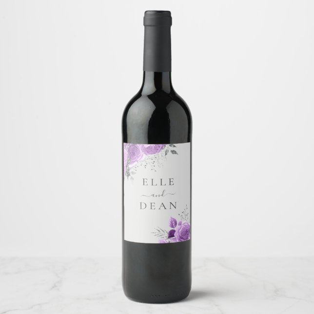 Lavender Purple & Silver Floral Elegant Wedding Wine Label (Front)