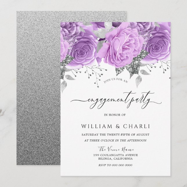 Lavender Purple Silver Floral Engagement Party Invitation (Front/Back)