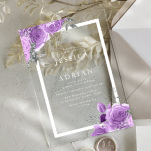 Lavender Purple & Silver Floral Frame Wedding Acrylic Invitations