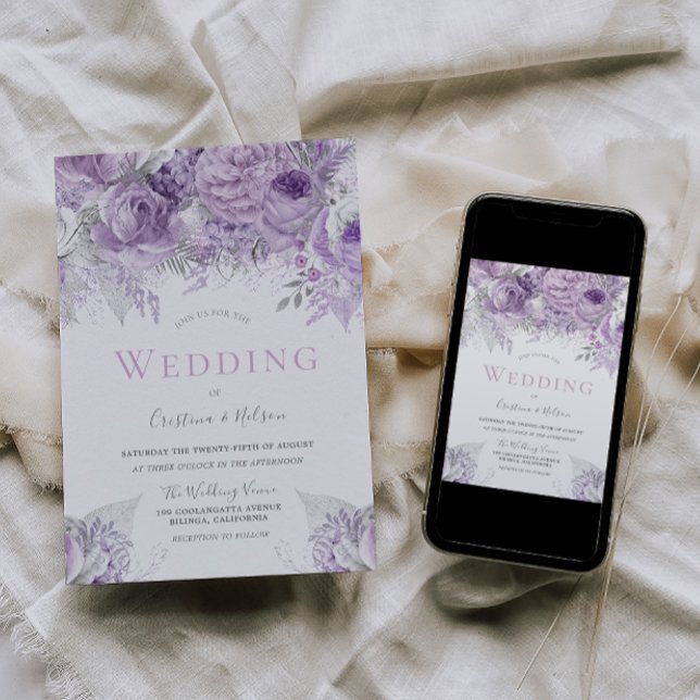 Lavender Purple Silver floral Wedding Invitation (Creator Uploaded)