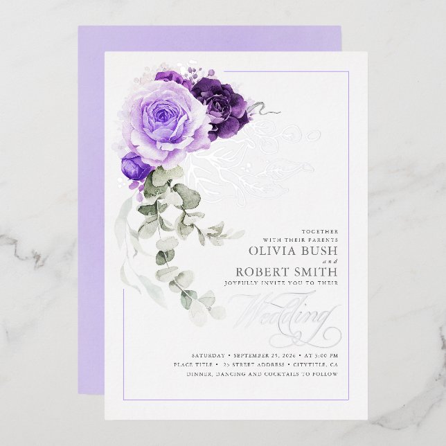 Lavender Purple & Silver Foil Floral Boho Wedding (Front/Back)