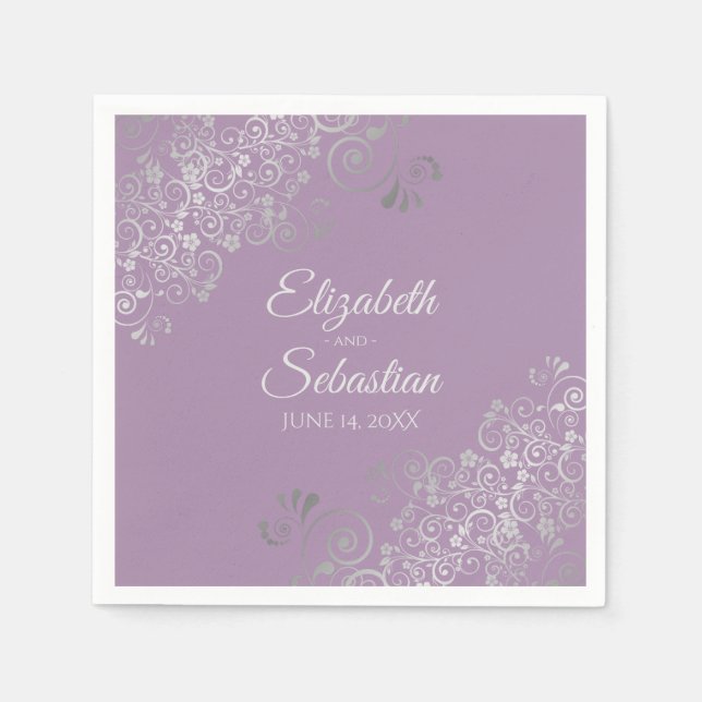 Lavender Purple & Silver Frills Elegant Wedding Napkin (Front)