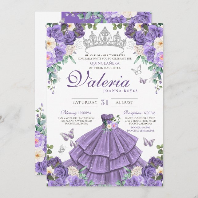 Lavender Purple Silver Rose Butterfly Quinceanera Invitation (Front/Back)