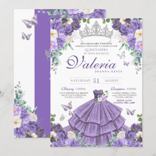 Lavender Purple Silver Rose Butterfly Quinceanera Invitation