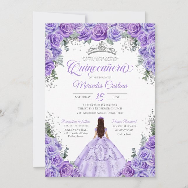 Lavender Purple & Silver Rose Elegant Quinceanera Invitation (Front)