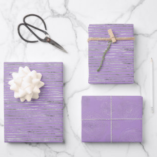 Lavender Purple Silver Stripes Circles Birthday Wrapping Paper Sheet