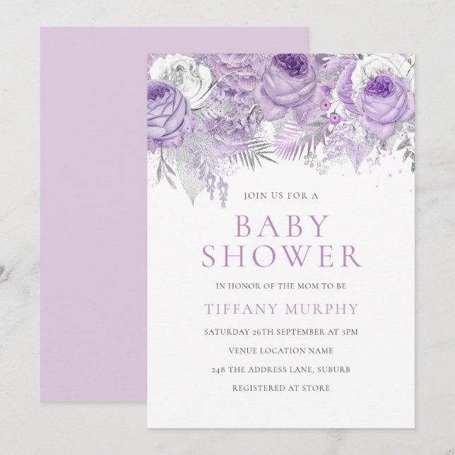 Lavender Purple Sparkle Floral Baby Shower Invitation (Front/Back)