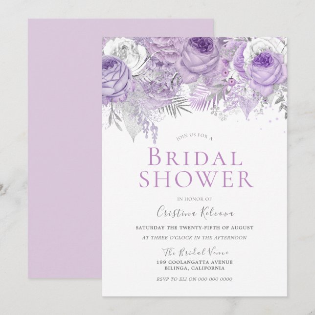 Lavender Purple Sparkle Floral Bridal Shower Invitation (Front/Back)