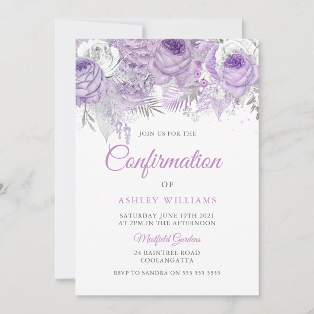 Lavender Purple Sparkle Floral Confirmation Invitation (Front)