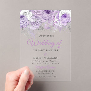 Lavender Purple Sparkle Floral Wedding Invite Acrylic Invitations