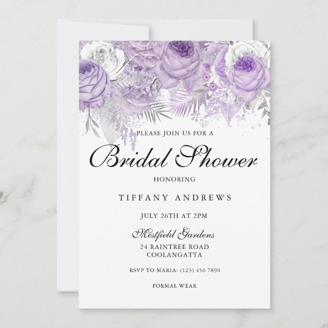 Lavender Purple Sparkle Flowers Bridal Shower Invitation (Front)