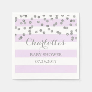 Lavender Purple Stripe Silver Confetti Baby Shower Napkin
