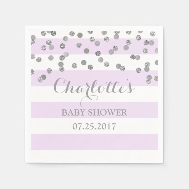 Lavender Purple Stripe Silver Confetti Baby Shower Napkin (Front)