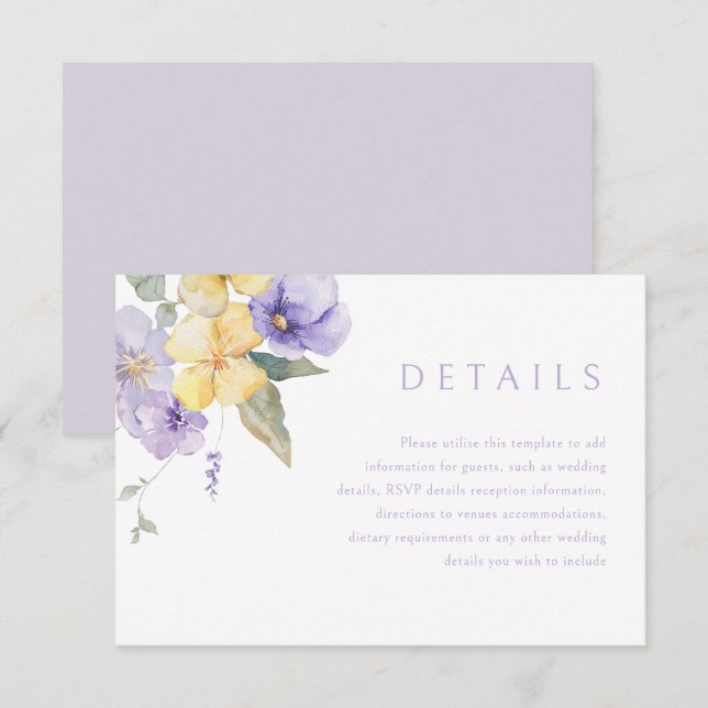 Lavender Purple & Sunshine Wedding Details Enclosure Card (Front/Back)